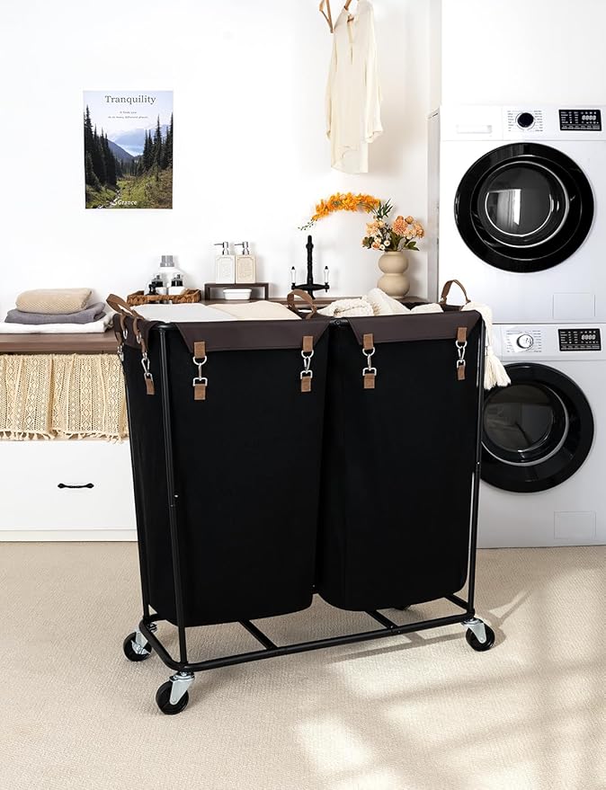 StorageWorks 390L Extra Large Lanudry Hamper with Wheels, Laundry Basket with Wheels 2 Sections, Clothes Sorter Cart with Divider for Hotel, Home, Black, 1-Pack
