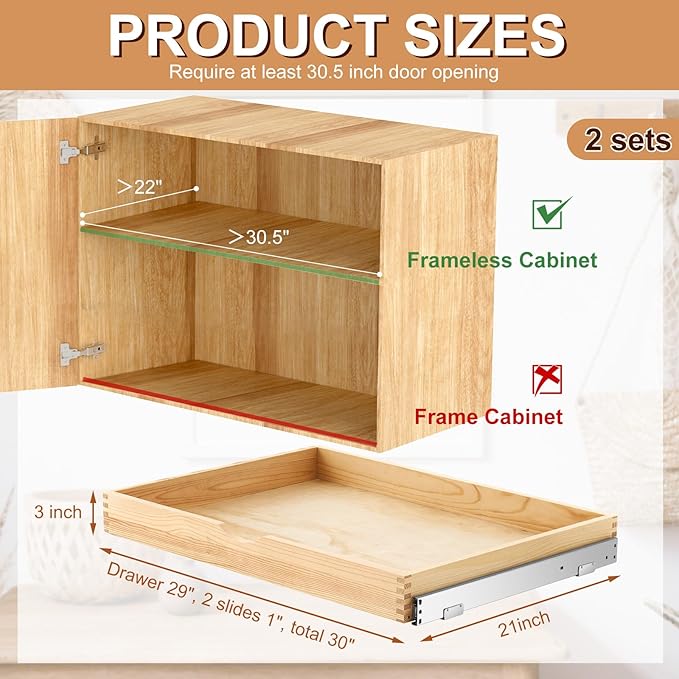 Menkxi 2 Set Pull out Tray Cabinet Organizer Wooden Pull Drawers storage Slide out Pantry Shelf for Base Cabinet Kitchen Gentle Close Fully Assembled Accessories (Wood Color,30'' X 21'' X 3")