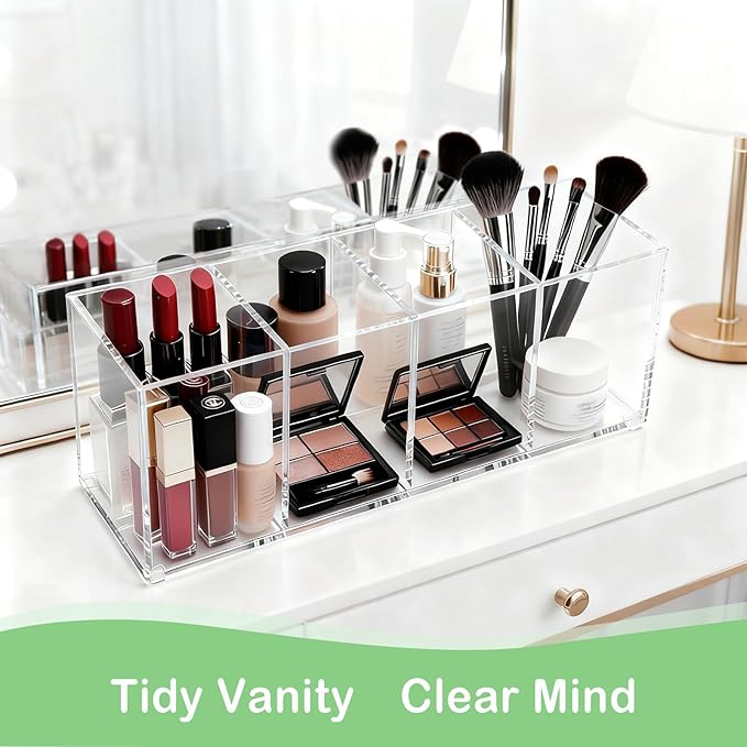 Clear Acrylic 4-Compartment Organizer Box, Small (7.9" × 2.7" × 3.5") – Handcrafted, Eco-Friendly, Minimal Packaging Compact Storage Organizer
