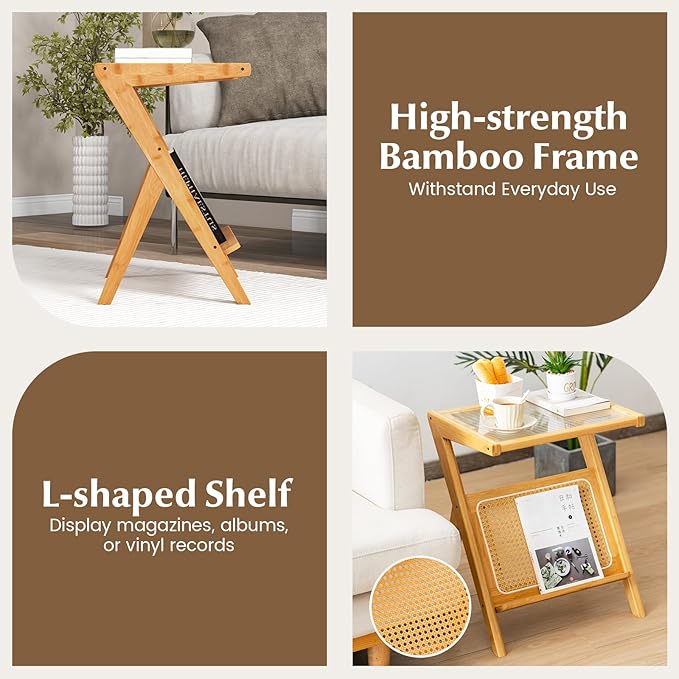 Giantex Rattan Side Table, Boho Nightstand with Glass Top & Magazine Rack, End Table with Storage, Bamboo Bedside Table for Small Space Living Room Bedroom (Natural,1)