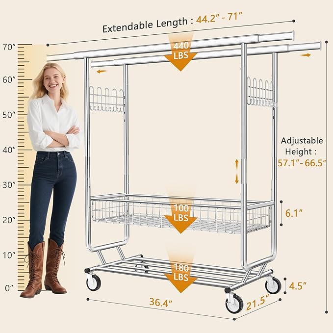 Heavy Duty Clothes Rack with Metal Basket, 720 LBS Rolling Double Rod Garment Rack, Portable Extendable Clothing Rack with Wheel for Bedroom, Laundry Room & Retail Store