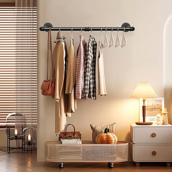 Industrial Iron Pipe Clothes Hanging Bar DIY Wall-Mounted Garment Rack Heavy Duty Clothing Rack for Bedroom, Laundry Room, Closet Storage (Black 28 inch)
