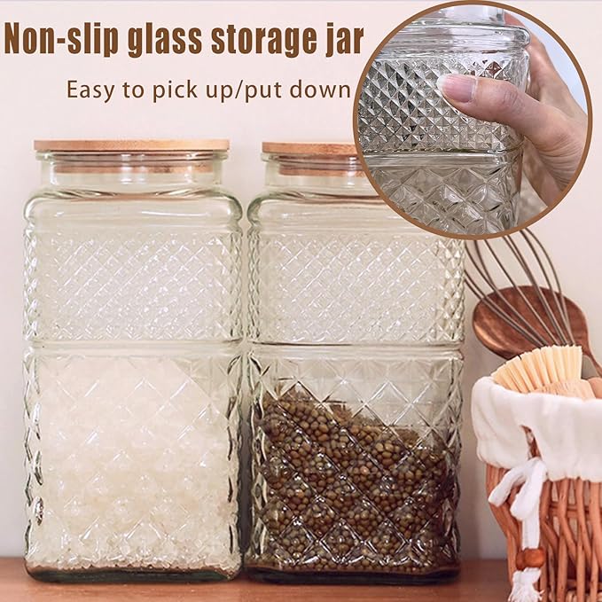 Viovian Large Glass Jar with Wood Lid and Spoon 60 OZ Square Thick Glass Storage Jars Airtight Lids Clear Decorative Vintage Canister for Food Candy Cookie Sugar Coffee Nuts Snack Dog Treat
