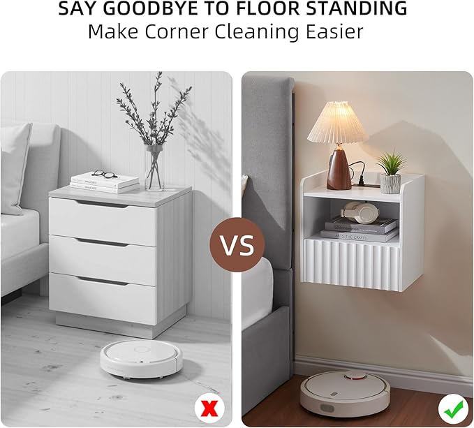 Modern Fluted Floating Nightstand Wall Mounted - Bedside Table with Storage Drawer & Display Shelf, Minimalist Bedroom Furniture for Studio Apartments (Matte White)