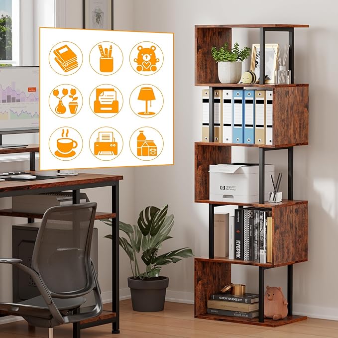 Furologee 6 Tier Bookshelf, Tall S Shaped Geometric Bookcase, Modern Display Shelf Standing Unit, Wood Metal Decorative Divider Rack for Living Room Bedroom Office, Rustic Brown