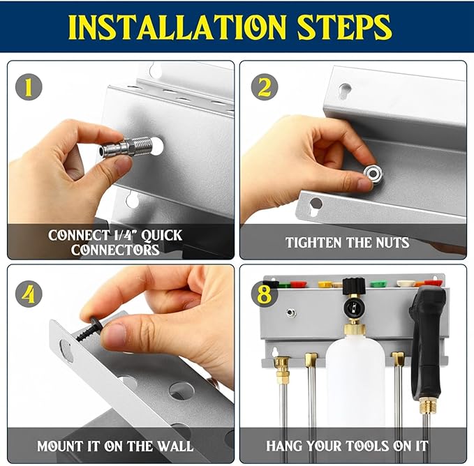 Pressure Washer Gun Holder, Wall Mount Foam Cannon Holder, Car Wash Accessories Organizer for Wand/Nozzle Tips, 1/4'' Pressure Washer Accessories Storage Rack (Silver)