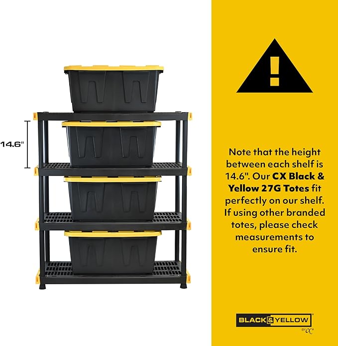 CX Black & Yellow, 4-Tier Heavy Duty Plastic Storage Shelving Unit, 200lbs/shelf (55"H x 48"W x 20"D), for Garage Tools, Basement & Outdoor Organization, Modular Rack