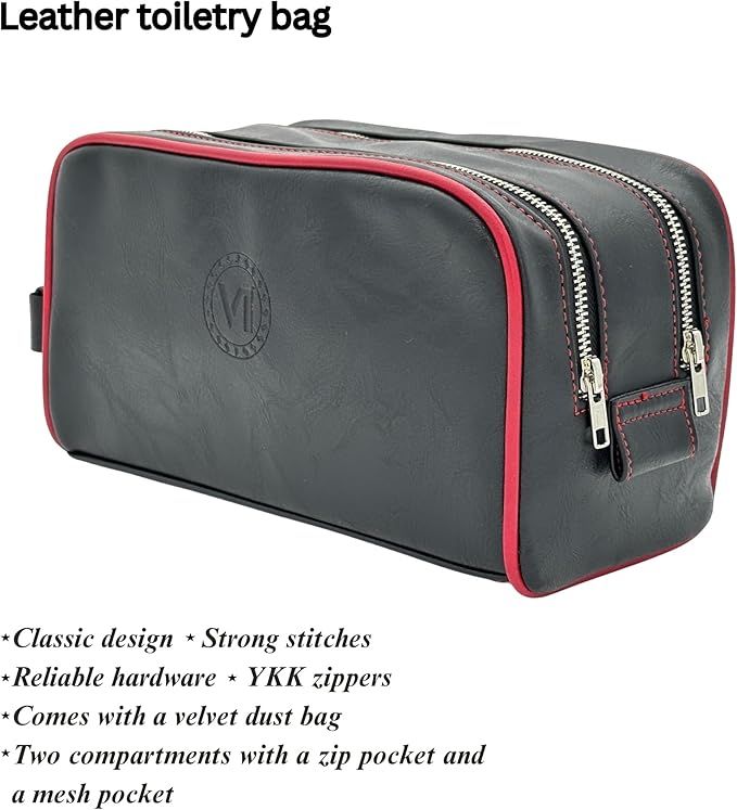 Dopp Gift Large Travel Toiletry Bag Premium Quality PU Leather Two compartments YKK Zippers Water-resistant Bottom Studs Mesh Pockets Durable Cosmetic Organizer BLACK/BURGUNDY