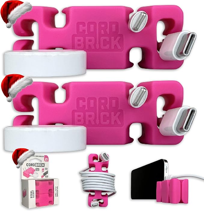 CordBrick Stocking Stuffers for Adults Cord Management Weighted Cord Holder Cable Wrap Phone Stand - Multiuse Gadget Organizer for Nightstand, Desk. Gift for Men, Durable Silicone. 2pk Pink