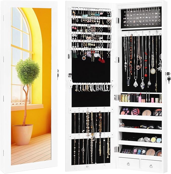 Giantex 15 LEDs Jewelry Armoire, Wall Mounted or Door Hanging, Lockable Jewelry Cabinet with Full Length Mirror, Large Storage Jewelry Organizer Box Armoire for Girls Women (14.5"W x 3.5"D x 47.5"H)