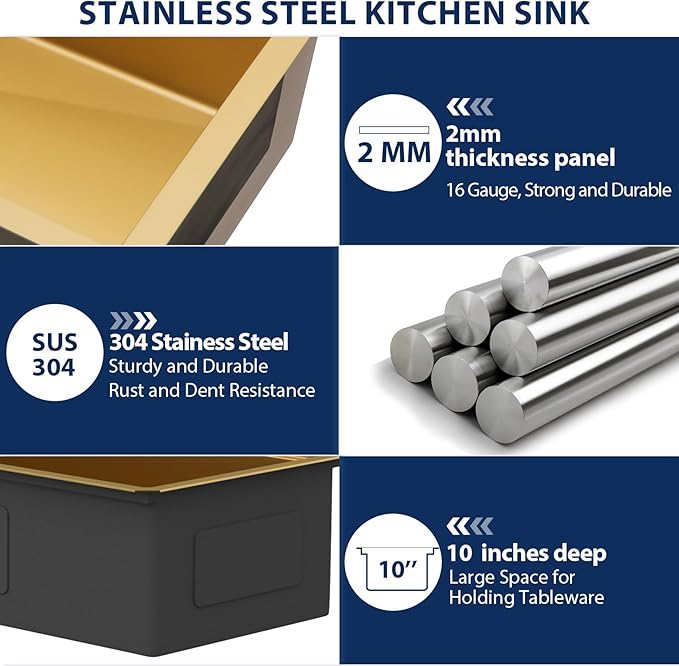 Lordear Luxury 45 Inch Kitchen SInk Gold Undermount Kitchen Sink Large Ledge Workstation 16 Gauge Stainless Steel Single Bowl Under Counter Gold Kitchen Sink with Built-in Accessories 45''x19''x10''