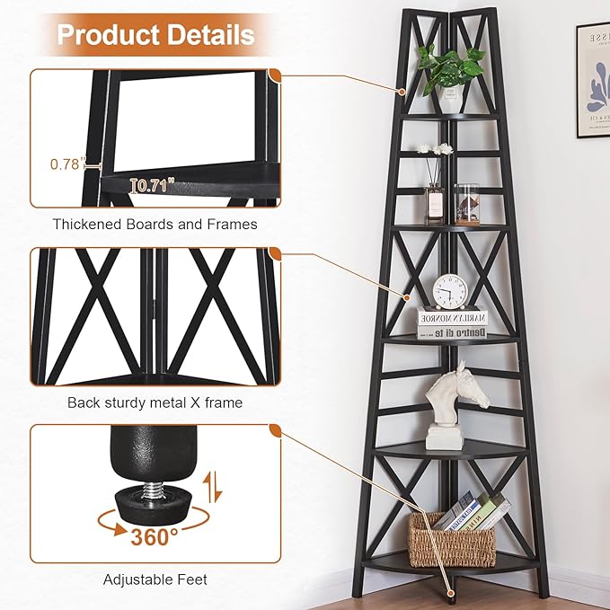 HOMBAZAAR 5 Tier Corner Shelf, 72 Inch Industrial Corner Bookshelf, Tall Ladder Bookcase with Metal Frame, Rustic Shelf Stand for Living Room, Bedroom, Office, Black