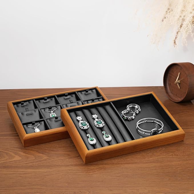 Oirlv Solid Wood Multifunctional Ring Earrings Studs Bangle Jewelry Organizer Tray Jewelry Drawer Organizer(Black)