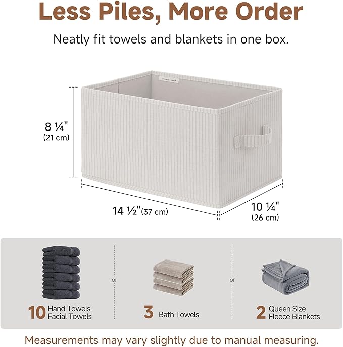 StorageWorks Storage Baskets for Shelves, Foldable Fabric Closet Storage Bins with Handles, Fabric Storage Bins Clothes Organizer, Beige Stripes, 3-Pack, Large