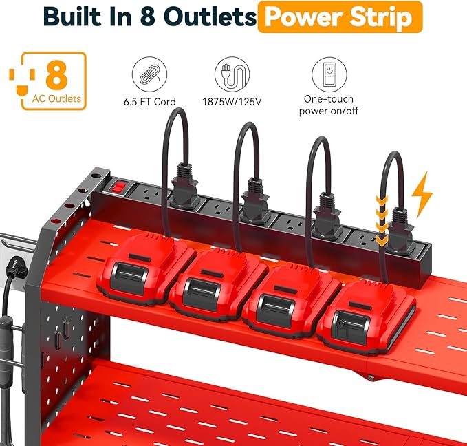 Warome Garage Tool Organizer Wall Mount with Charging Station, Power Tool Organizer with Large 8-Outlet Power Strip, Tool Storage Rack with 8 Cordless Drill Holders, Battery Utility Rack in Red