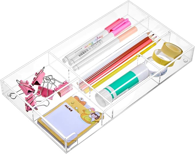 Clear Acrylic Desk Drawer Organizer 11 x 6.1 x 1.38 Inch Storage Tray Organizer for Pens, Stationery, Desktop, Office, Bathroom, Kitchen, Makeup Supplies (6 Compartments)