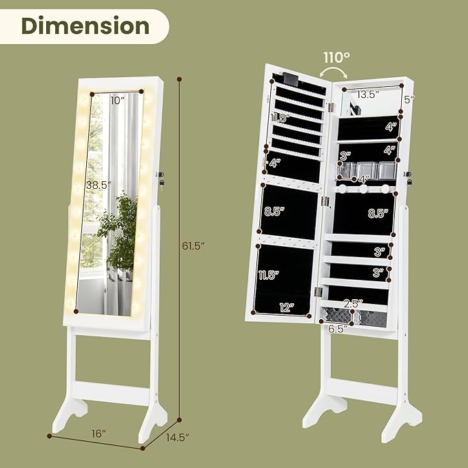 Giantex Standing Jewelry Armoire with Lighted Full Length Mirror, Lockable Jewelry Cabinet Organizer with 20 LED Lights, Adjustable Tilt, Large Storage for Earrings, Rings, Necklaces, White