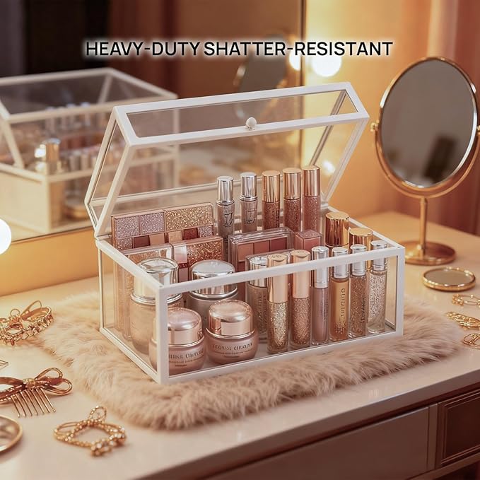 40 Lipsticks Organizer with Lid, Glass Display Box Fits Large Perfume & Skincare, Easy-Access Organiser for Vanity Countertop, Multifunctional Display Box in Any Rooms