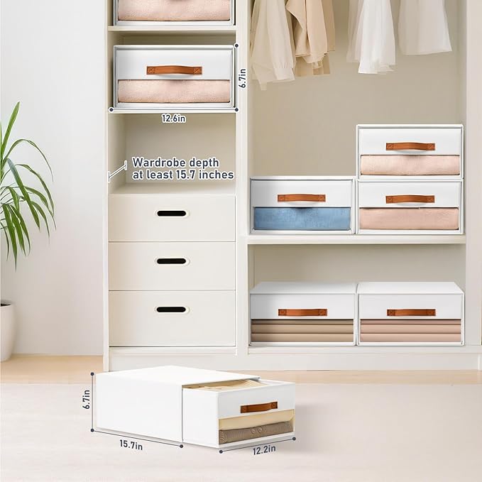 DIMJ Closet Organizers and Storage - Fabric Bins with Drawers for Closet Foldable Clothes Organizers with Clear Window, Stackable Storage Drawers Units for Bedroom, Living Room, 4-Pack, White