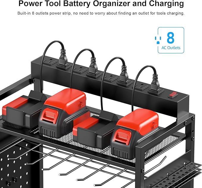 CCCEI Garage Power Tools Organizer Cart with Charging Station, Black Floor Standing Rolling Drill and Tools Battery Storage Cart on Wheels. Utility Rack Gift for Men, Husband, Father.