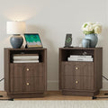Nightstand Set of 2 with Charging Station, Mid Century Modern Nightstand with Arched Design,Minimalist End Table with Wood Grain Texture, Bedside Table for Bedroom Living Room, Walnut