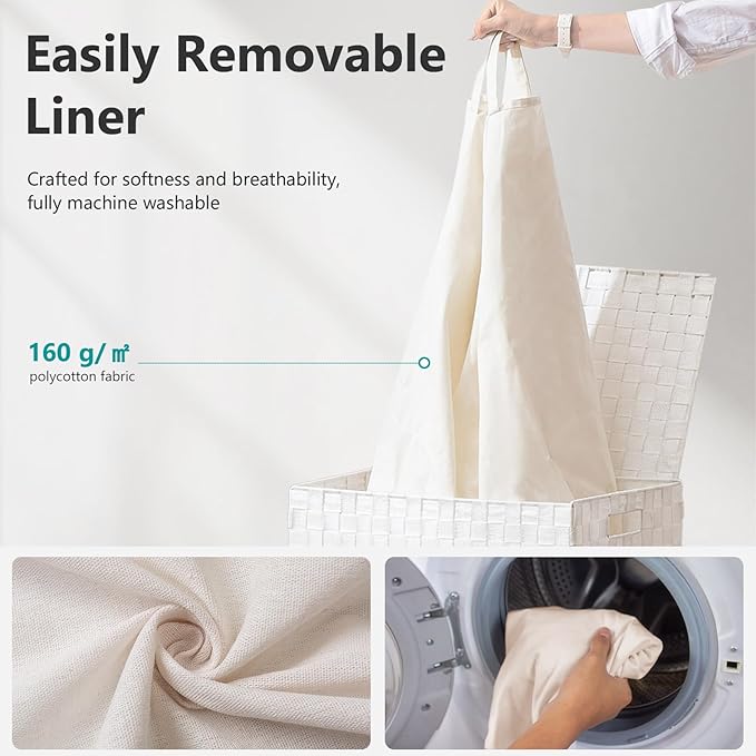 Foldable Laundry Hamper Basket with Lid by Fiona's magic, Handwoven 96L Large Clothes Hamper with Removable Liner Bags, Collapsible Tall Hamper for Bedroom, Bathroom and Dorm Organizer, 2Pack, White