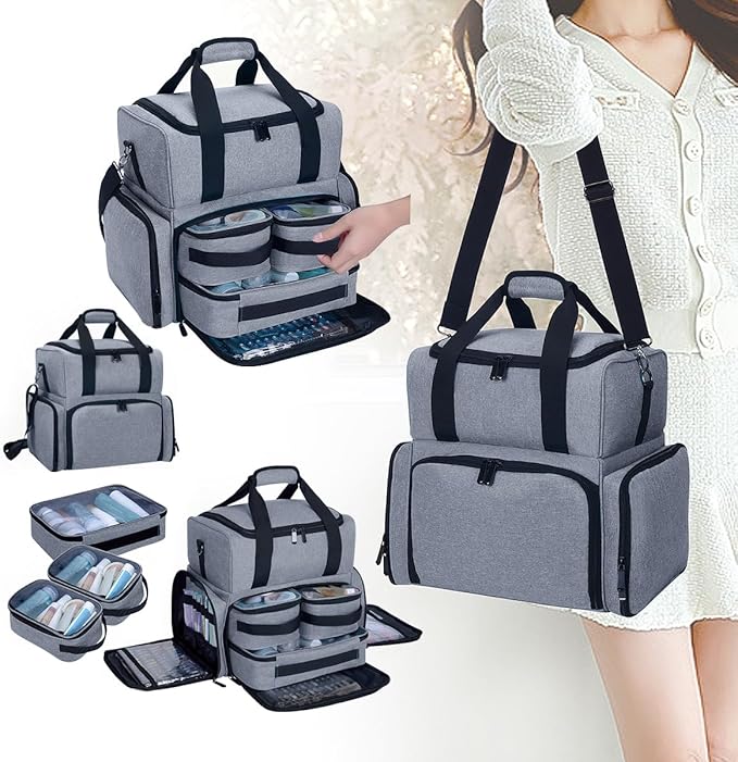 Large Makeup Cosmetic Bag with 3 Removable Case and 2 Removable Dividers Double Layer Travel Storage Organizer, Makeup Brushes Storage Section Grey