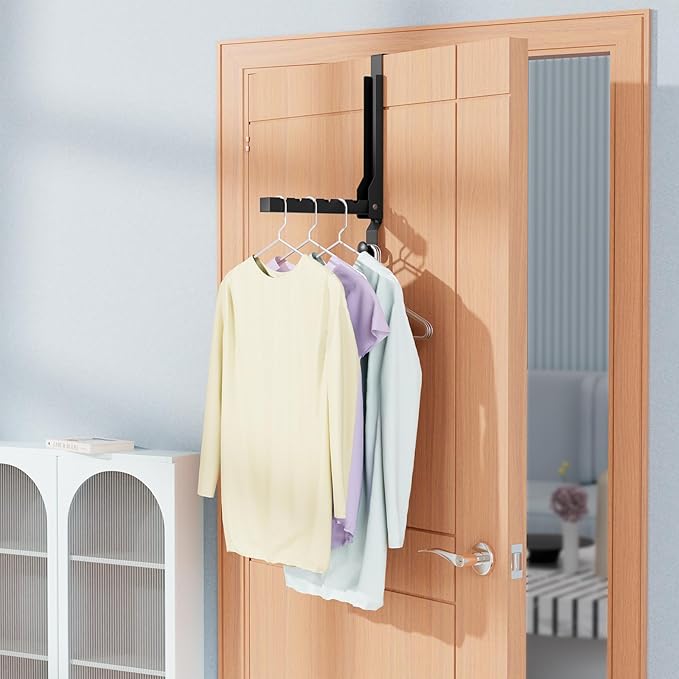 BAKON Over The Door Hanger Folding Clothes Drying Rack, Folding Hanging Coat Rack for Indoor Laundry Room Compact Small Space Foldable Portable Clothing Hanger Hook Collapsible (Black-2(Upgraded))