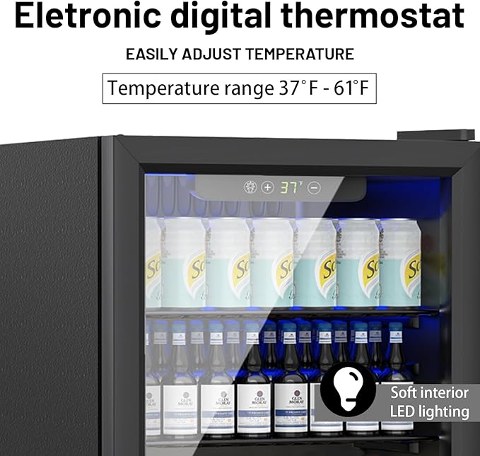 Mini Fridge 70 Can Beverage Refrigerator, 1.7 Cu.Ft Drink Fridge with Reversible Glass Door for Soda Wine Beer, Adjustable Temperature Control for Home Office Bar, Black(37-61 ℉)