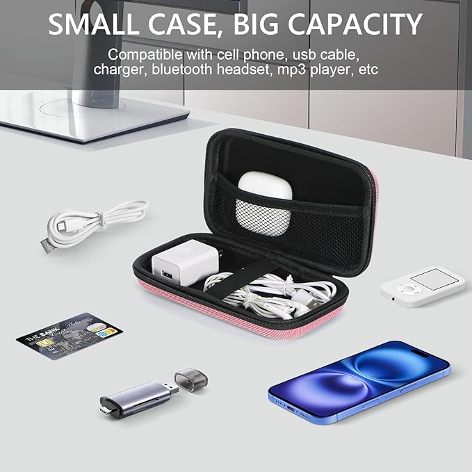 GLCON Cell Phone Carrying Case - Portable Hard EVA Charger Case - High Protection Small Zipper Travel Pouch Storage Bag Electronic Organizer for Battery, GPS, Hard Drive, Charging Cable, Cord - Pink