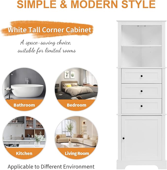 68.9" Tall Triangle Corner Cabinet with 3 Drawers & Adjustable Shelf, Freestanding Storage Cabinet,Water-Resistant, Anti-Tip Design,Space-Saving Organizer for Bathroom, Kitchen, Living Room, White