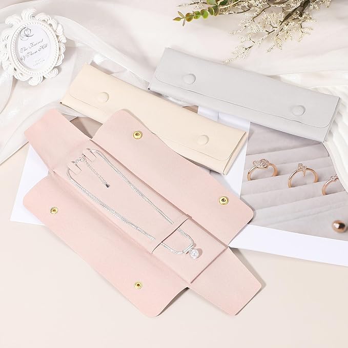 uxcell 3 Pcs Microfiber Necklace Travel Case, Necklace Pouch Storage Bag Microfiber Jewelry Travel Organizer Tangle Free for Women Gift, Pink/Gray/White