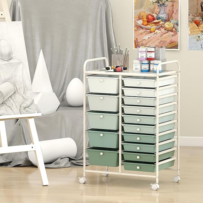 Giantex 15 Drawers Rolling Cart, Classroom Organizers, Storage Cart with Wheels, for Teacher Office Home School Supplies Tool Craft Art Paper, Green Gradient