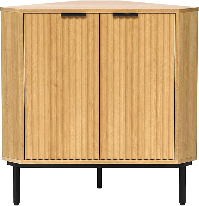 Fluted Corner Cabinet, Modern Small Corner Floor Cabinet with 2 Doors and 2-Tier Shelves, Freestanding Narrow Organizer for Living Room Kitchen Bathroom, Natural Oak