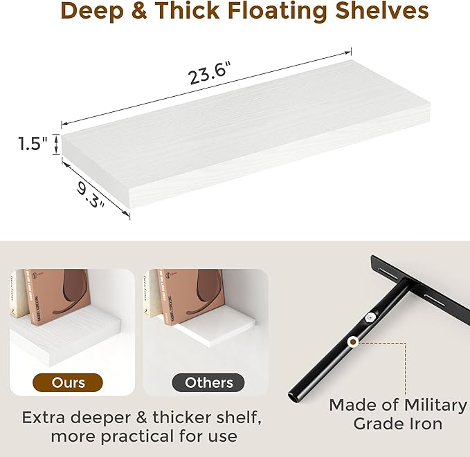 Black Floating Shelves 24 Inch Long 2 Pack for Bedroom|Kitchen|Bathroom, Wall Mounted Rustic Wood Wall Shelves, 9.3 Inch deep Floating Shelf with Invisible Brackets for Books|Storage|Decor