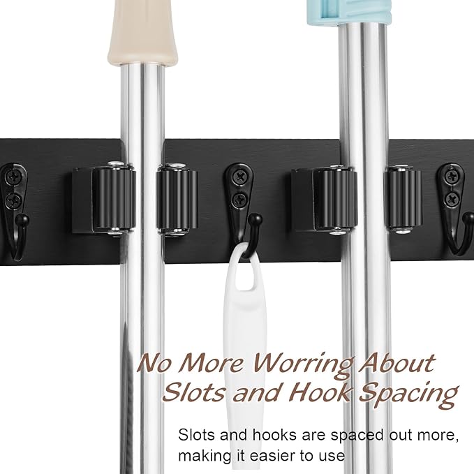 2 Pack Black Mop Broom Holder Wall Mount - Wood Broom Mop Hanger - Wall Mounted Garden Tool Rack Organizer for Closet Garage Laundry Room, 4 Slots & 4 Hooks