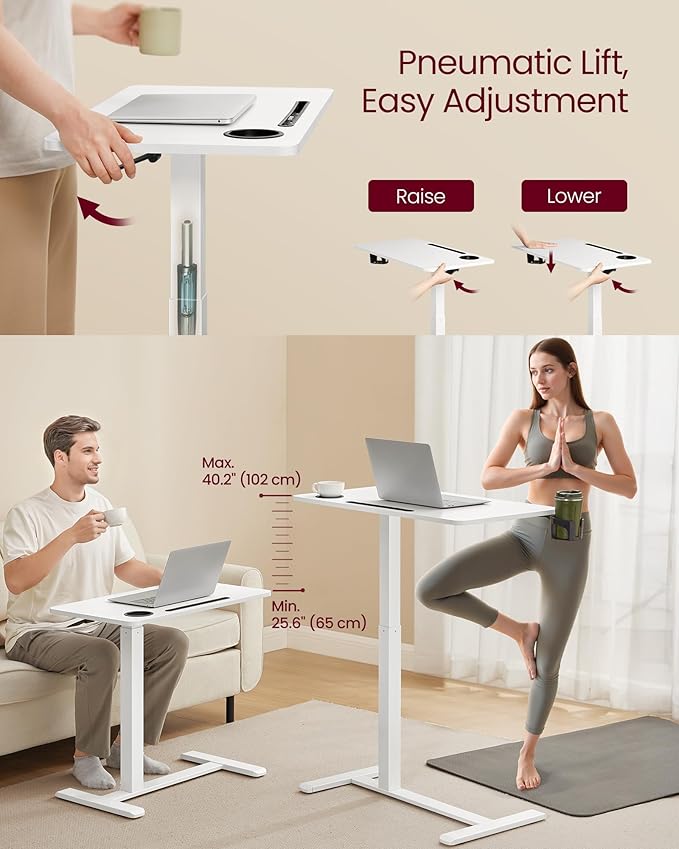 VASAGLE Overbed Table with Wheels, Mobile Standing Computer Desk, 27.6 x 15.7 Inches Tabletop, Adjustable Height, 2 Cup Holders, Phone and Tablet Slot, Cloud White ULSD600W01