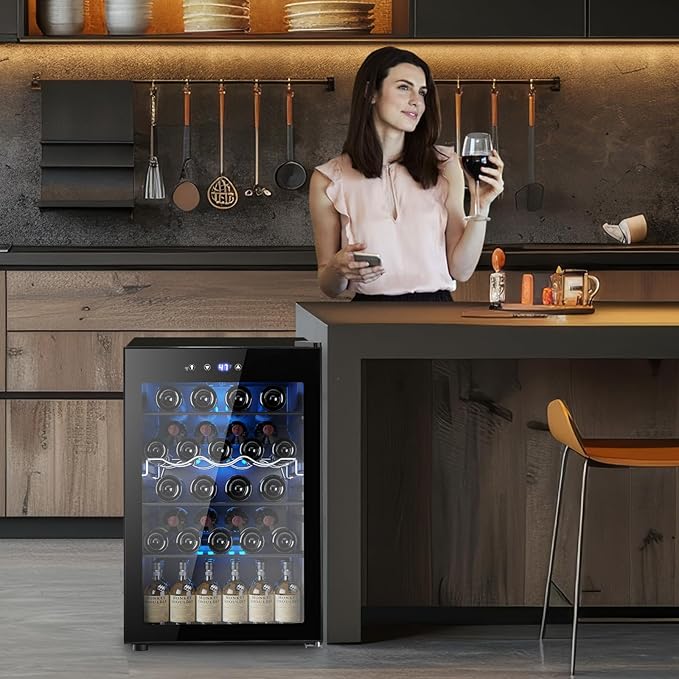 37 Bottle Wine Fridge,Freestanding 145 Can Beverage Refrigerator with Smart Temperature Control，4.5 CU FT Quiet Mini Fridge with Child Lock Panel for Family Restaurant Bar, Black