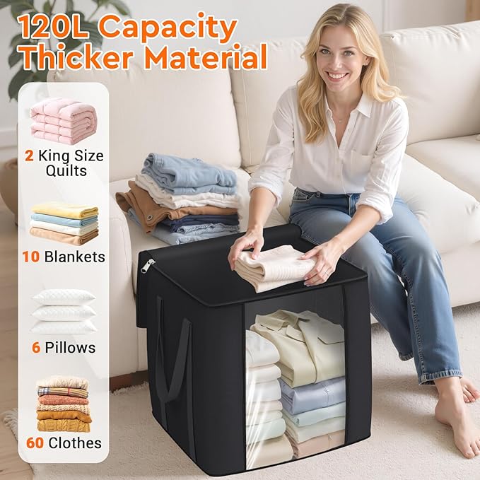 120L Extra Large Clothes Storage Bags, Foldable Blanket Storage and Organization, Thick Fabric Containers with Reinforced Handles & Zippers for Clothing, Comforters, Bedding, Black, 1 Pack