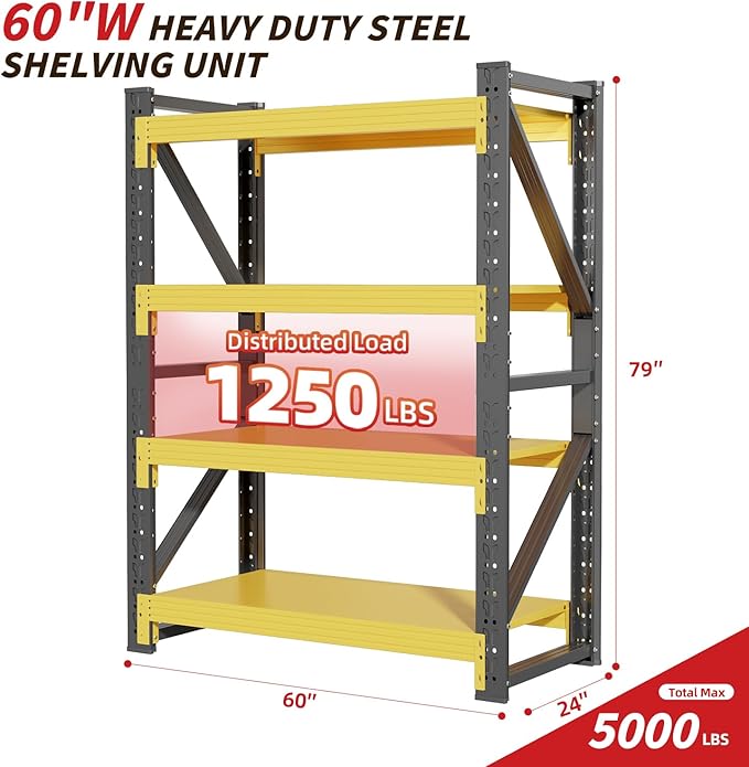 60" W Garage Shelving,4-Tier Heavy Duty Storage Shelves Unit with Adjustable Metal Shelf for Warehouse,Basement,Workshop,5000LBS,60" W x 24" D x 79" H,Black&Yellow