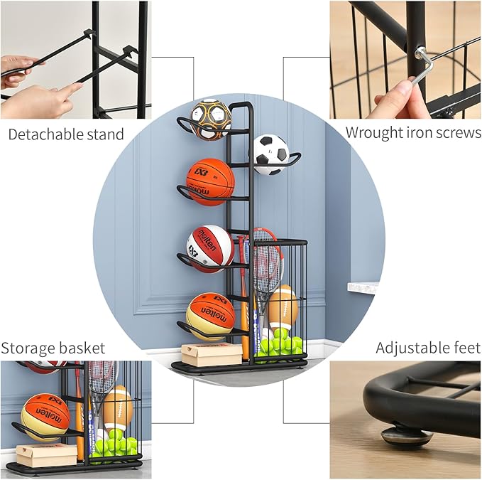 Sports Ball Storage Rack | Adjustable Vertical Stand for Basketball, Soccer, Volleyball & More | Durable Steel Organizer for Garage |5-Ball |45.7 inches, black