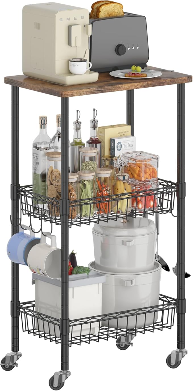Homeiju Rolling Kitchen Storage Cart, 3-Tier Storage Rack on Caster Wheels with Adjustable 2 Baskets, Coffee Station Cart Rack Shelf Organizer for Living Room Office, Balcony, Rustic Brown/Black