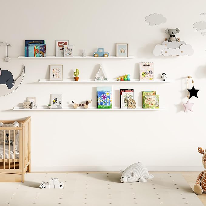 Floating Picture Ledge Shelves for Wall Set of 2, 72 Inches Picture Ledge Shelf with Long Large Nursery Book Shelf for Toys Storage Kids Bookshelf Wall Mounted Living Room Bedroom Decor Frames, White