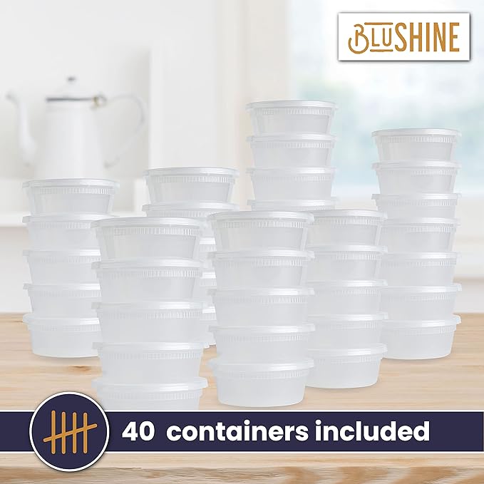 [40 Sets] 8 oz. Plastic Deli Food Storage Containers with Airtight Leak Proof Lids - Reusable - Microwave, Fridge, and Freezer Safe