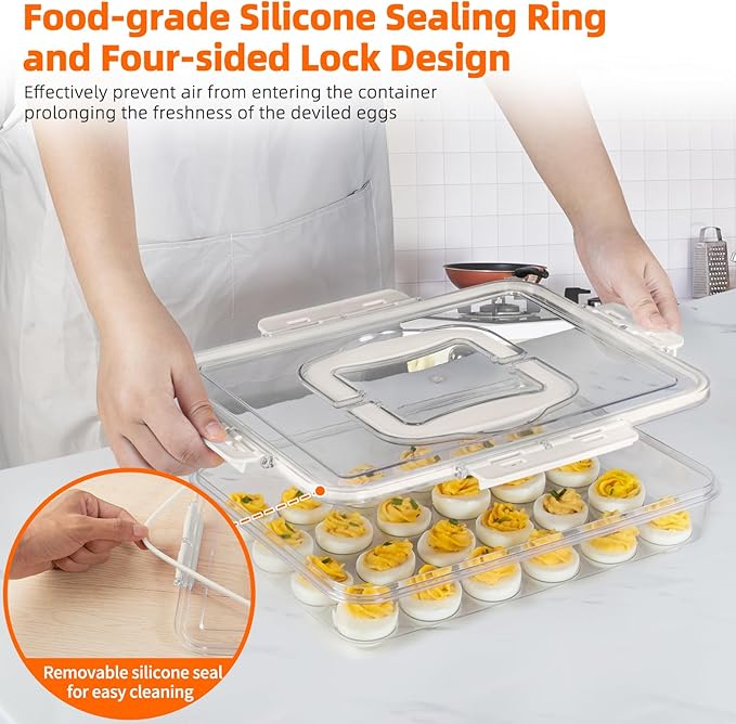 Deviled Egg Containers with Lid and Handle, Durable Clear Plastic Deviled Egg Carrier Storage 24 Eggs, Stackable Egg Holder for Fridge, Portable Tray Platter for Party & Picnics-1 Pack White