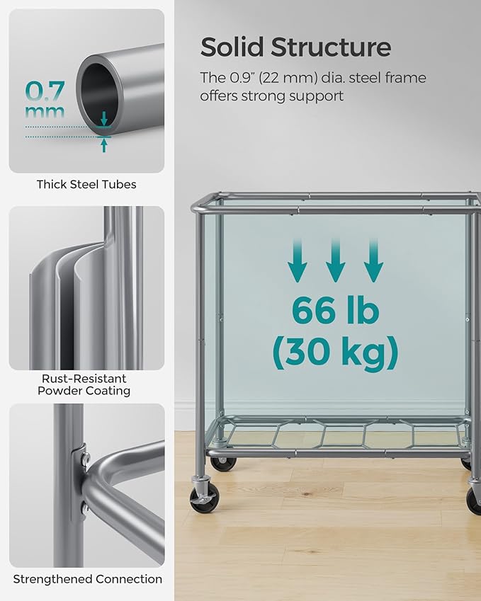 SONGMICS Laundry Basket with Wheels, 3-Section Rolling Laundry Hamper, 52.8 Gallons (200 L), Removable Liner, Steel Frame with Handle, 35.8 x 15.4 x 31.9 Inches, Dove Gray URLS005G01