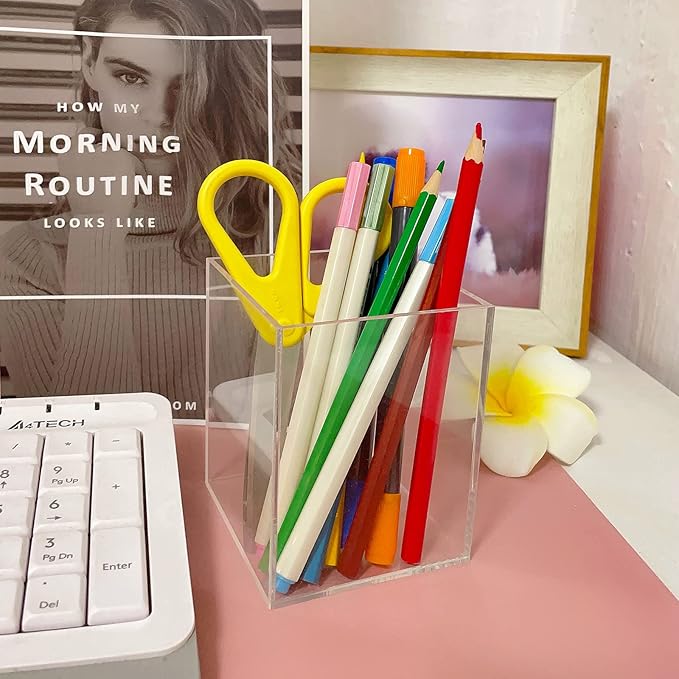 Mototo 2 Pieces Clear Acrylic Pen Holder & Pencil Cup Clear Makeup Bush Holder Acrylic Desktop Stationery Organizer for Office School Home Desk Accessories - 2 Pack, Square