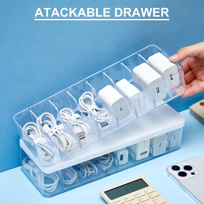 Tatuo 6 Pcs Cable Organizer Box with Wire Ties, Plastic Cord Storage Box with Lid, Electronics Organizer for Home Office Desk Organizers and Accessories (Clear,White)