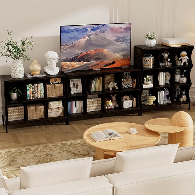 8 Cube Storage Shelf Organizer, Low Book Shelf Bookcase Entryway Table, Wood Closet Storage Display Cabinet TV Stand for Living Room, Office,Bedroom, Dorm, Dark Brown with Dark Brown Top