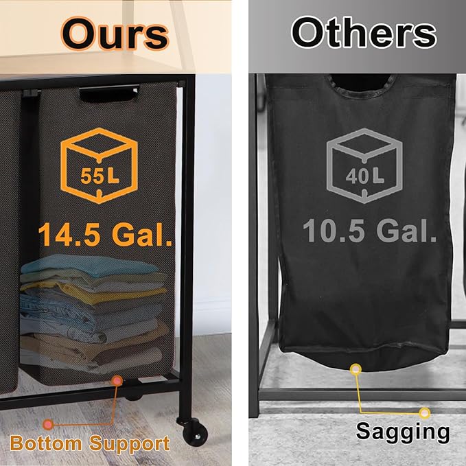 Laundry Hamper, Laundry Sorter with 4 Section, Rolling Basket with Wheels, 2 Shelves, 4 14.5 Gal, Pull-Out and Removable Oxford Fabric Bags for Laundry Room, Black and Rustic Brown